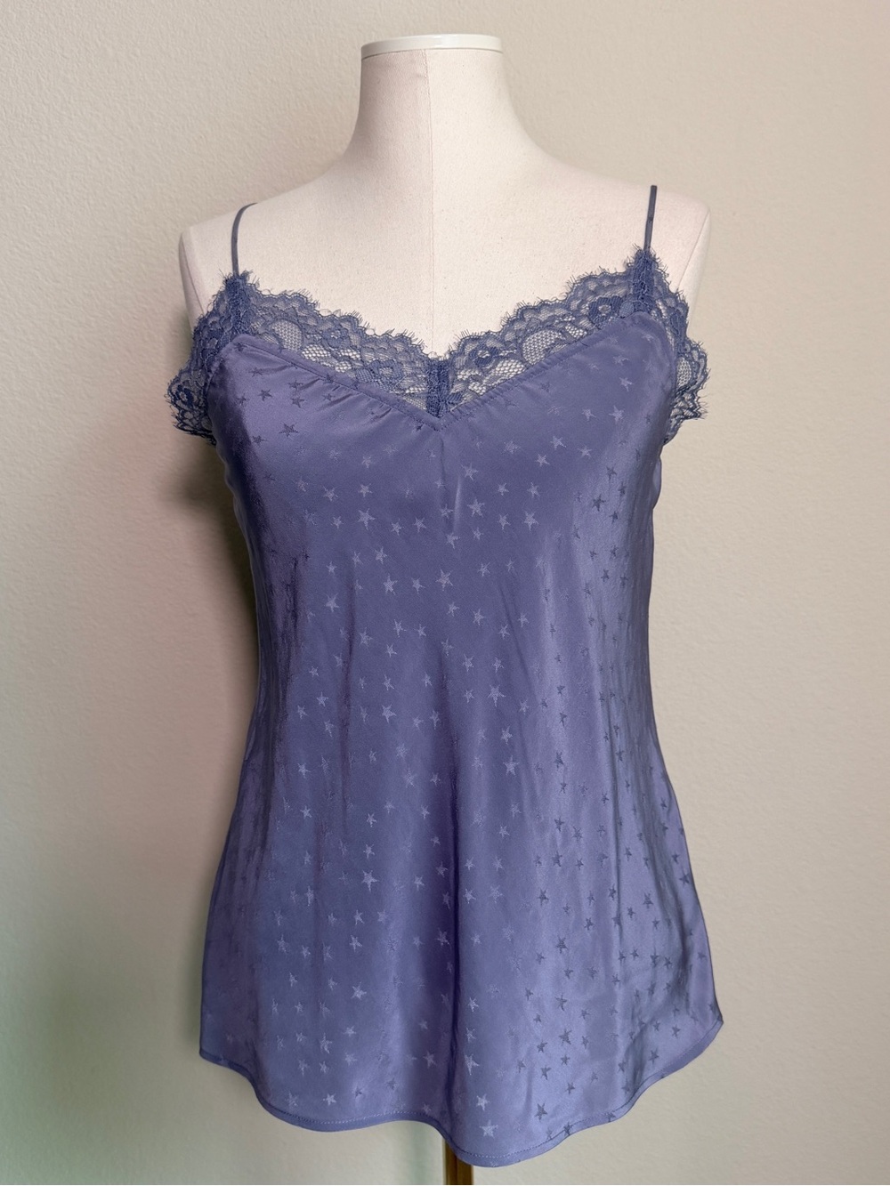 NWT Paige 100% Silk Lace-Trim Star Print Satin Cami in Dusty Lavender